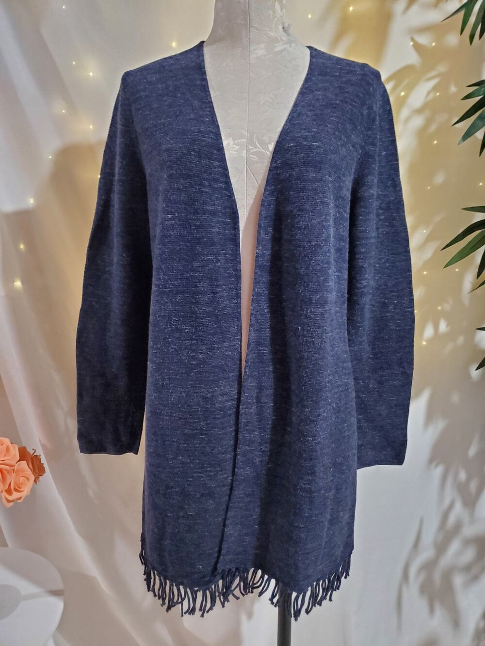 Talbots Open Fringe Knit Cardigan Sweater Womens Size L Blue Cotton Viscose